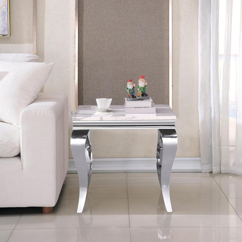 Marble End Table, Modern White Faux Marble Sofa Side Table with Silver Stainless Steel Legs, Luxury Sqaure Accent Side Table Bedside Table Nightstand for Living Room Bedroom Office