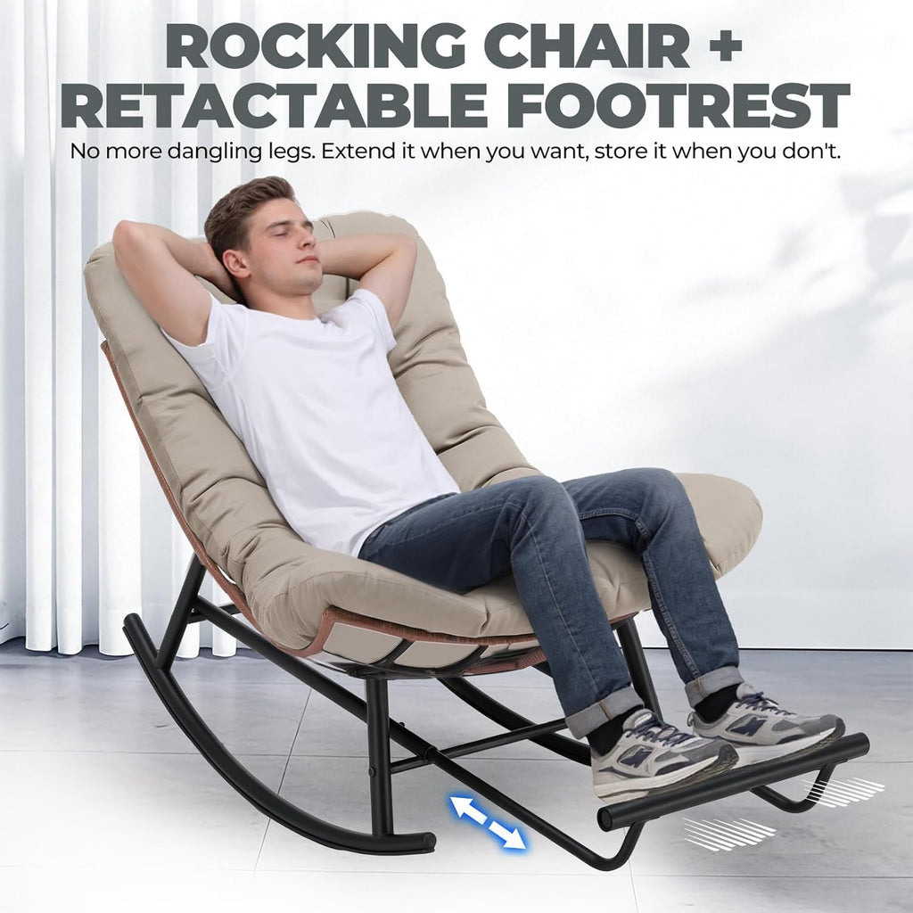 COMHOMA Outdoor Rocking Papasan Chair, Oversized Wicker Patio Rocker, Indoor Comfy Wicker Reading Lounge, Bed-Like Comfort Egg Chair for Bedroom,Balcony, Porch, Garden, Brown