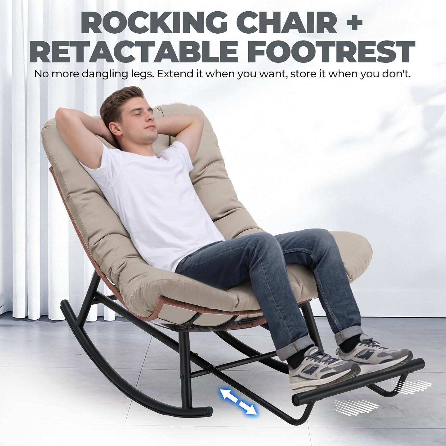COMHOMA Outdoor Rocking Papasan Chair, Oversized Wicker Patio Rocker, Indoor Comfy Wicker Reading Lounge, Bed-Like Comfort Egg Chair for Bedroom,Balcony, Porch, Garden, Brown