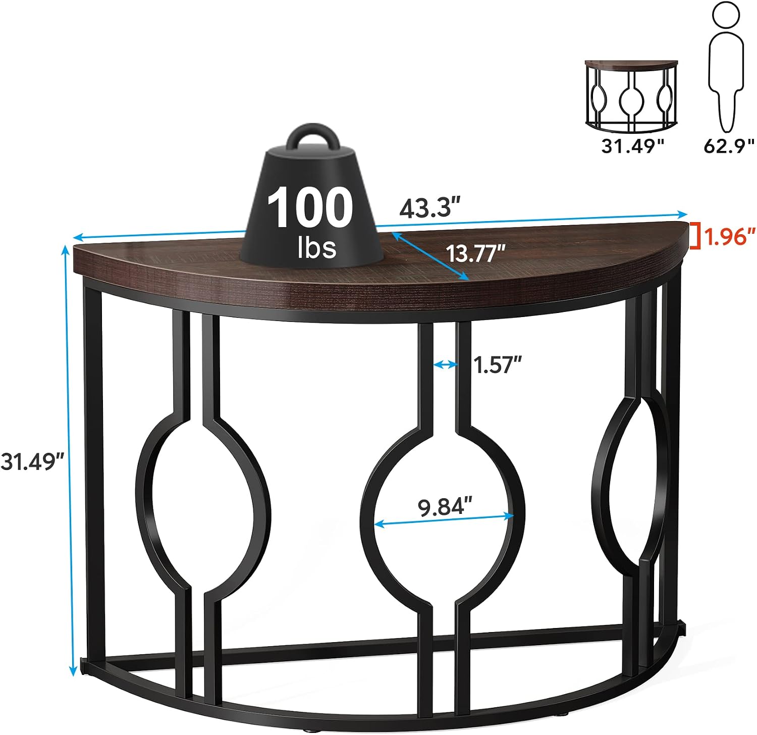 Tribesigns Half Moon Console Table for Entryway, 43 Inch Industrial Semi Circle Sofa Table with Geometric Base, Wood Accent Table for Living Room, Hallway, Foyer, Entrance, Rustic Brown