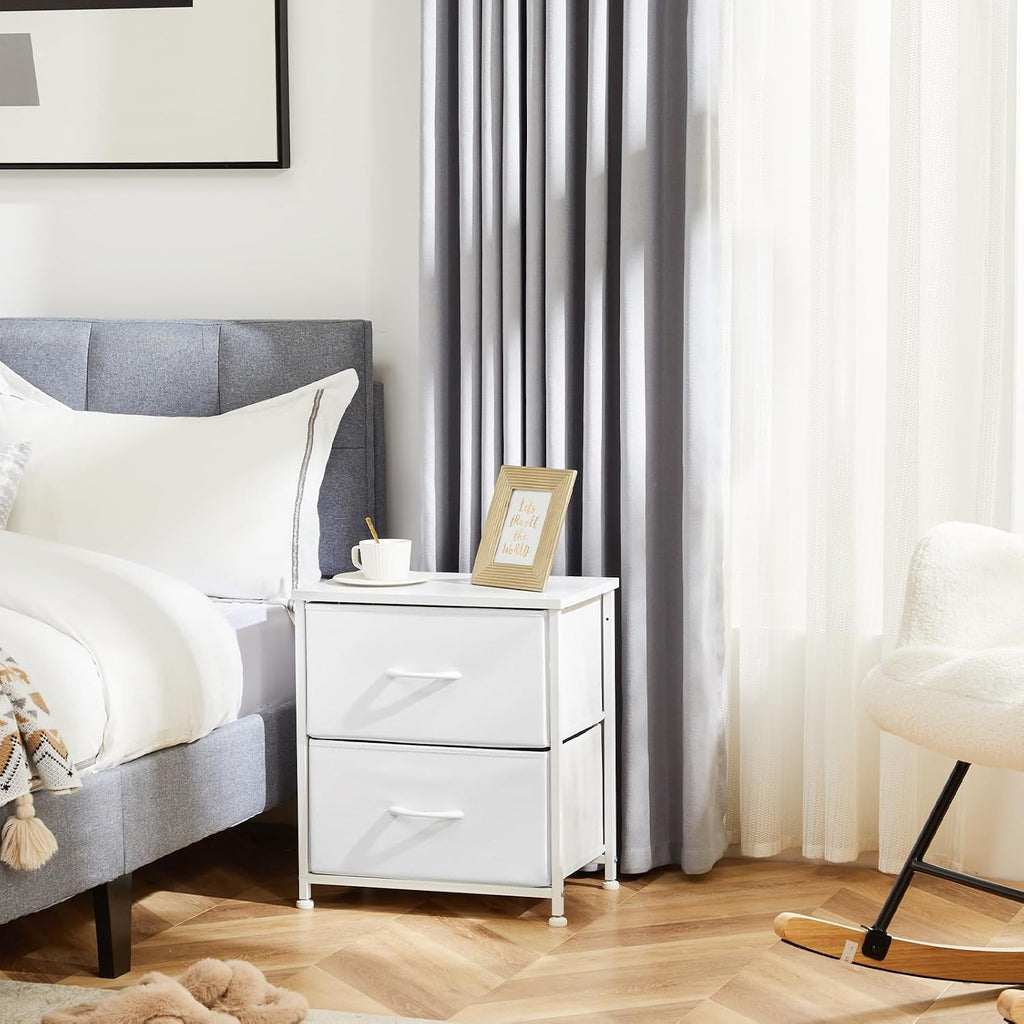 DUMOS Night Stand Small Dresser for Bedroom with 2 Drawers, Bedside Table | Fabric Bedside Storage Furniture, 20 Inch Tall End Side Table for Closet, Bedroom, White