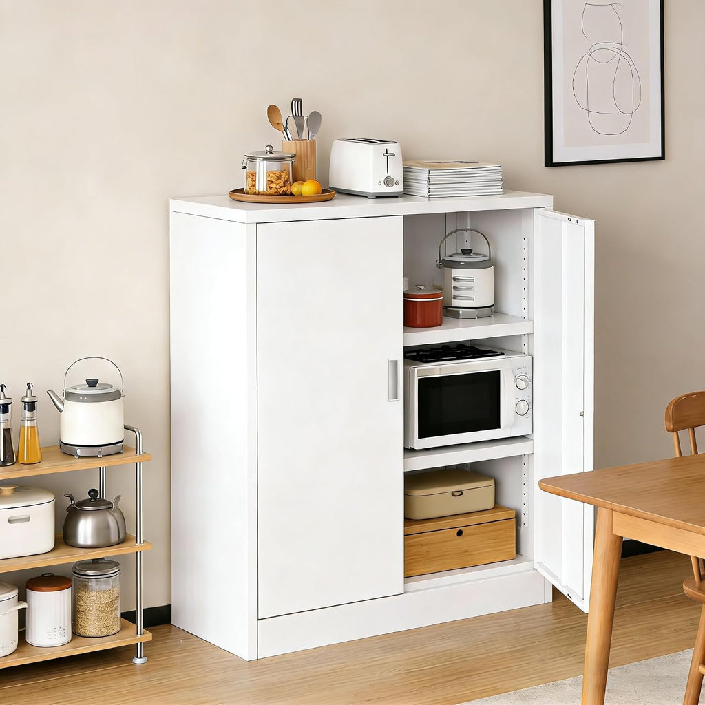 CJF Pantry Cabinet, Metal Pantry Storage Cabinets with Doors and 2 Adjustable Shelves, 36" H Locking Cabinet for Kitchen Storage, Home, Garage, Utility Room and Basement, White
