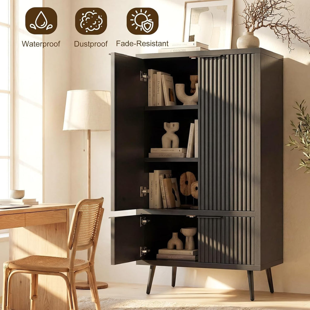 Ebony Fluted 51" Tall Wooden Kitchen Pantry Storage Cabinet Food Organize with Adjustable Shelves, Modern Accent Cabinet Sideboard Buffet for Dining Room, Entryway, Bathroom, Home Office