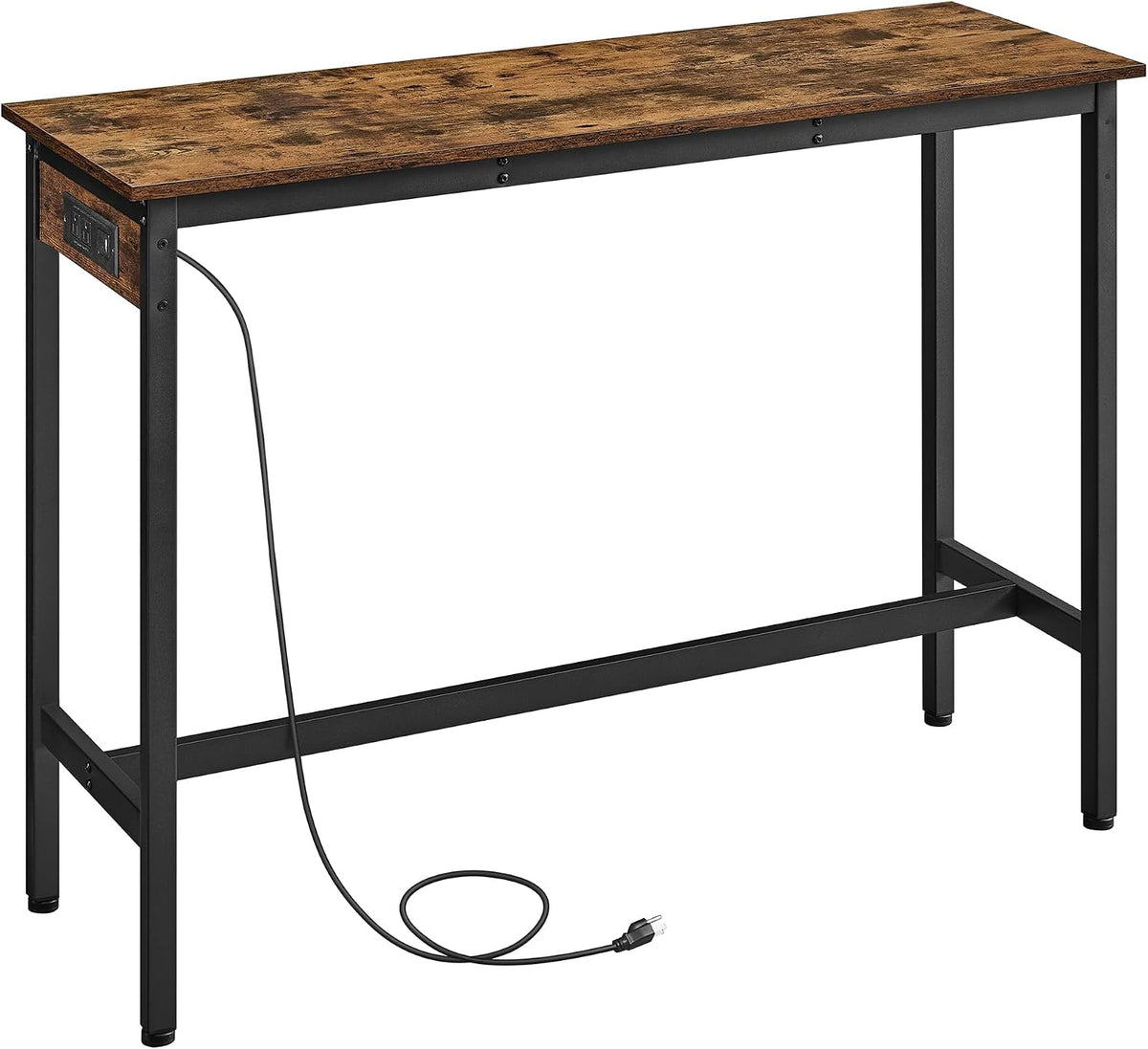 VASAGLE Bar Table with Power Outlets, Computer Desk, 47.2" W | Stable Metal Structure, Modern Basic, Rustic Brown and Matte Black, BARNET Collection ULBT121K01
