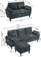 Convertible Sectional Sofa Set, 79" Modern L Shaped Couch and 57" Loveseat, Linen Upholstered 3 Seat Sofa with Storage Ottoman, Couches for Living Room, Apartment, Dark Grey