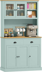 HOMCOM Kitchen Pantry Storage Cabinet with Microwave Stand, 71" Modern Kitchen Hutch with Open Countertop, Glass Doors, Storage Drawers and Adjustable Shelves for Dining Room, Coffee Bar, Light Green