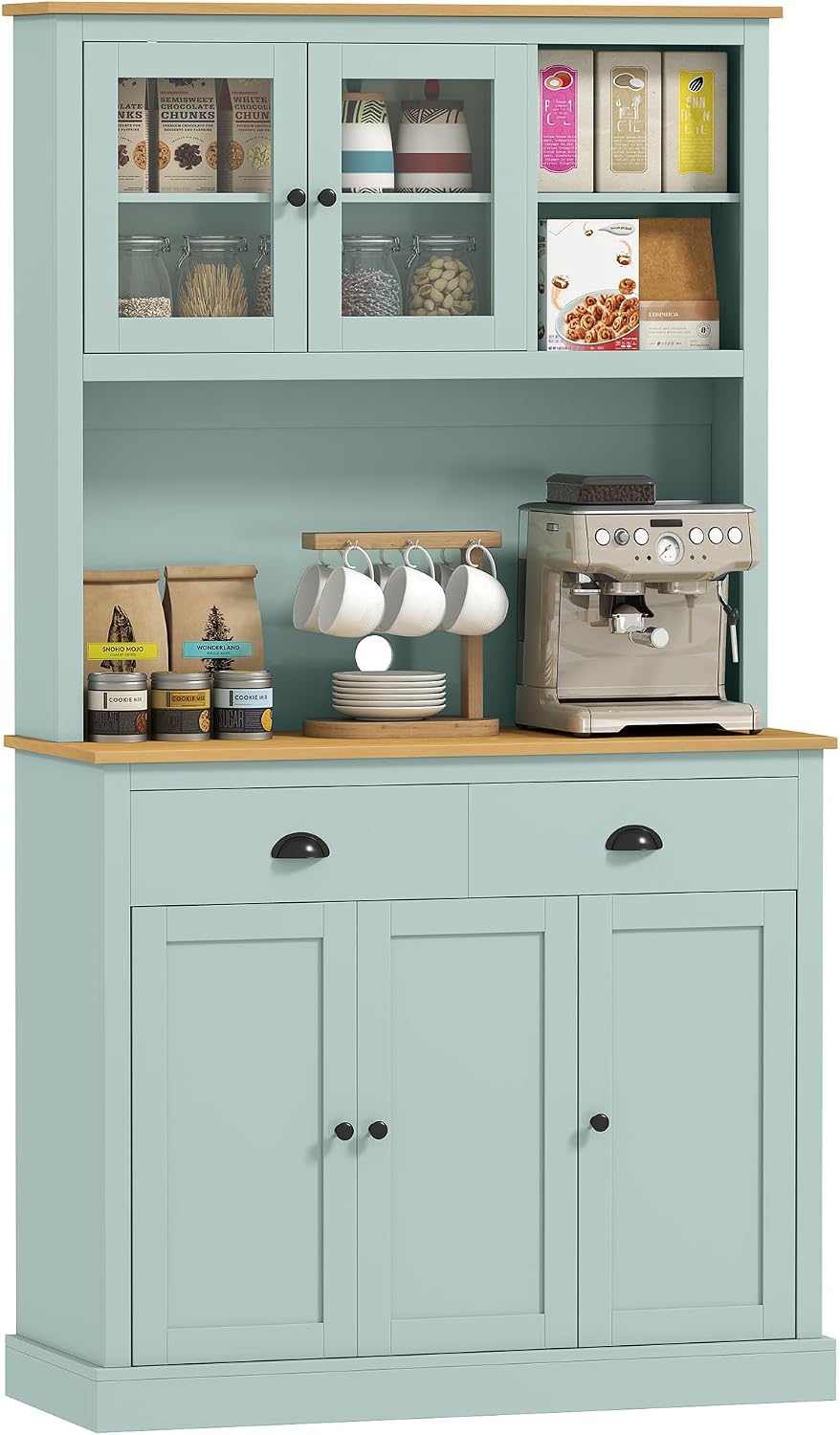 HOMCOM Kitchen Pantry Storage Cabinet with Microwave Stand, 71" Modern Kitchen Hutch with Open Countertop, Glass Doors, Storage Drawers and Adjustable Shelves for Dining Room, Coffee Bar, Light Green