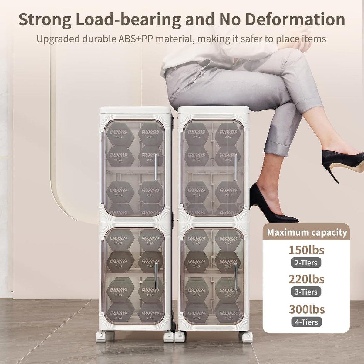 4 Tier Slim Bathroom Storage Cabinet, Foldable and Movable, White | Tools Free, ABS and PET, Magnetic Clear Door, Adjustable Shelves, Lockable Wheels, Water Resistant, For Narrow Space