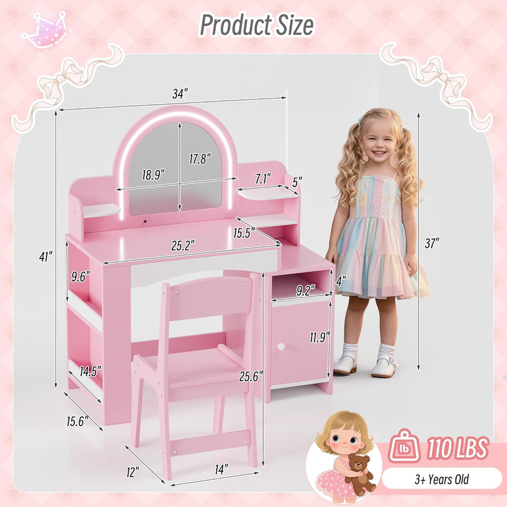 Kids Vanity with Lights, Kids Makeup Vanity with Bookshelf, Enclosed Cabinet and 3-tier Open Shelves, Little Girl Vanity Table Set with Lighted Mirror and Stools, Toddler Vanity for Girls (Pink)