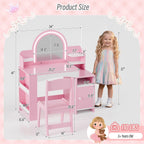 Kids Vanity with Lights, Kids Makeup Vanity with Bookshelf, Enclosed Cabinet and 3-tier Open Shelves, Little Girl Vanity Table Set with Lighted Mirror and Stools, Toddler Vanity for Girls (Pink)