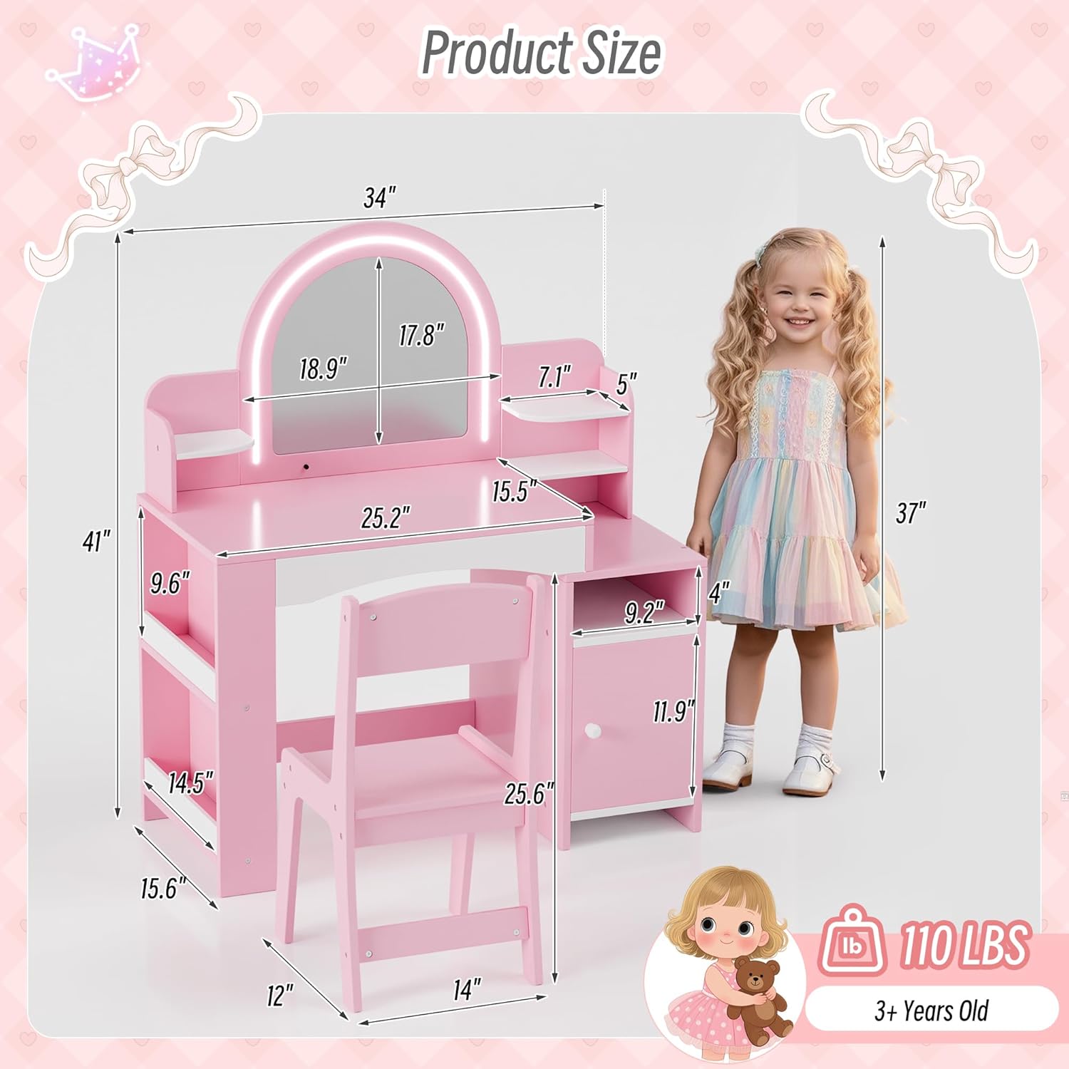 Kids Vanity with Lights, Kids Makeup Vanity with Bookshelf, Enclosed Cabinet and 3-tier Open Shelves, Little Girl Vanity Table Set with Lighted Mirror and Stools, Toddler Vanity for Girls (Pink)