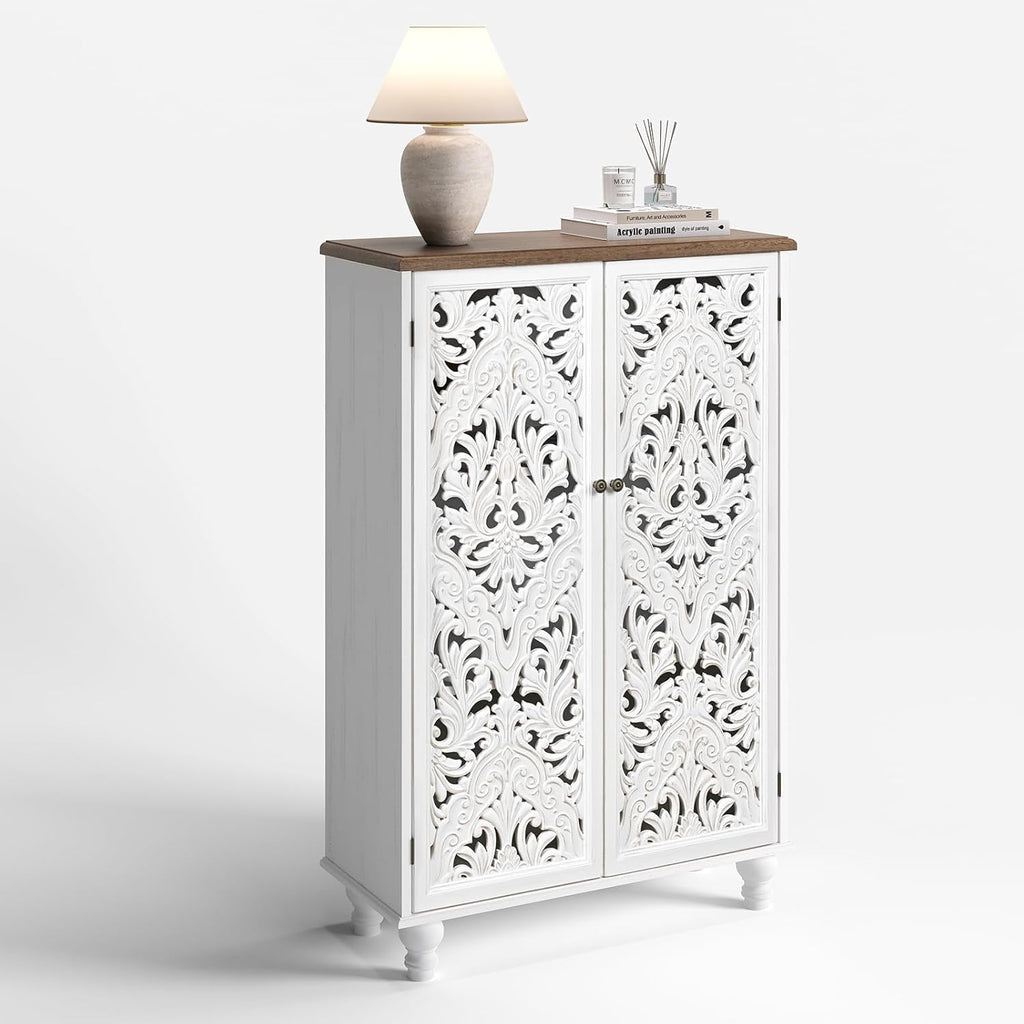 JOINICE 47" Tall Accent Cabinet with Carved Doors & Storage for Living Room | Vertical Storage, Carved Floral Design, Mandala White Buffet, Boho/Farmhouse/Rustic Style, Adjustable Shelves, Easy Assembly