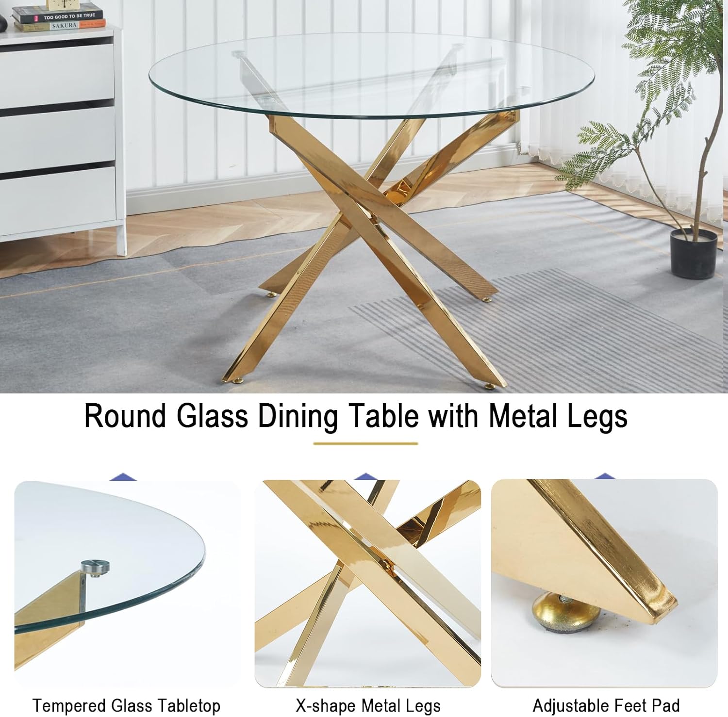 47.2'' Round Glass Dining Table for 4, Glass Round Dining Room Table with X-Shape Metal Legs, Clear Circular Top Gold Kitchen Table for 4, Perfect for Apartment Small Space