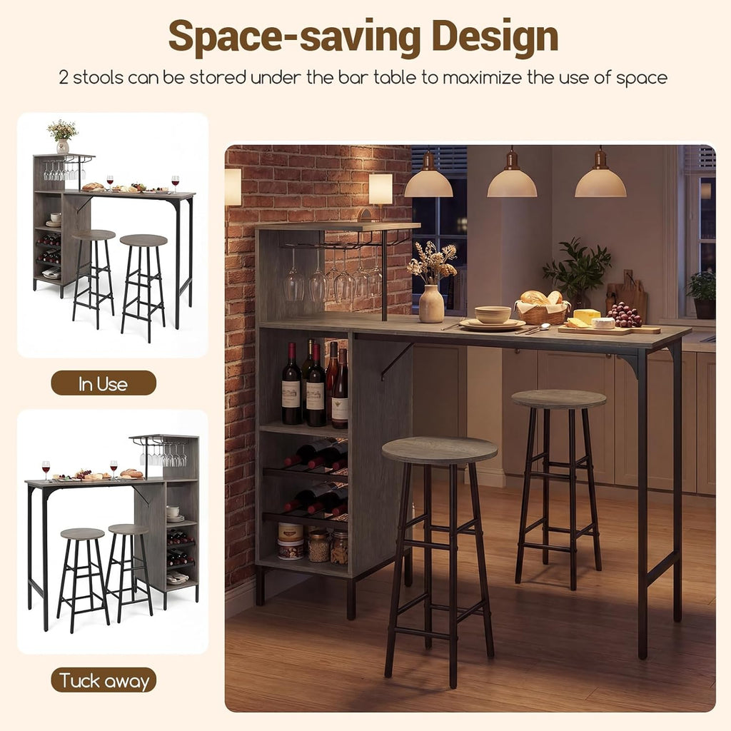 Giantex 3 Pieces Bar Table and Stools Set, Bistro Table Set with Glass Holder, 2 Tier Wine Rack & Storage Shelves, Kitchen Counter Table with 2 Stools for Home, Dining Room, Restaurant (Oak Gray)