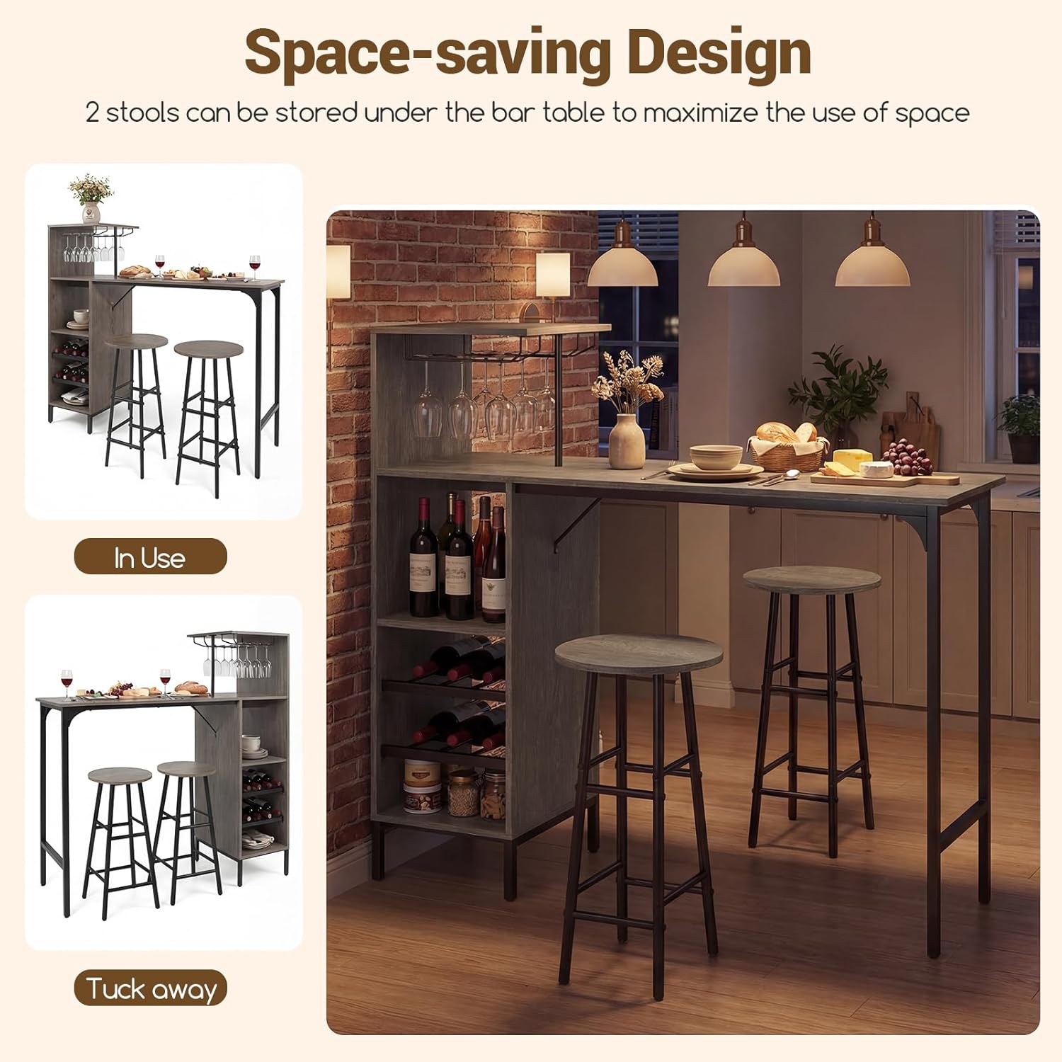 Giantex 3 Pieces Bar Table and Stools Set, Bistro Table Set with Glass Holder, 2 Tier Wine Rack & Storage Shelves, Kitchen Counter Table with 2 Stools for Home, Dining Room, Restaurant (Oak Gray)