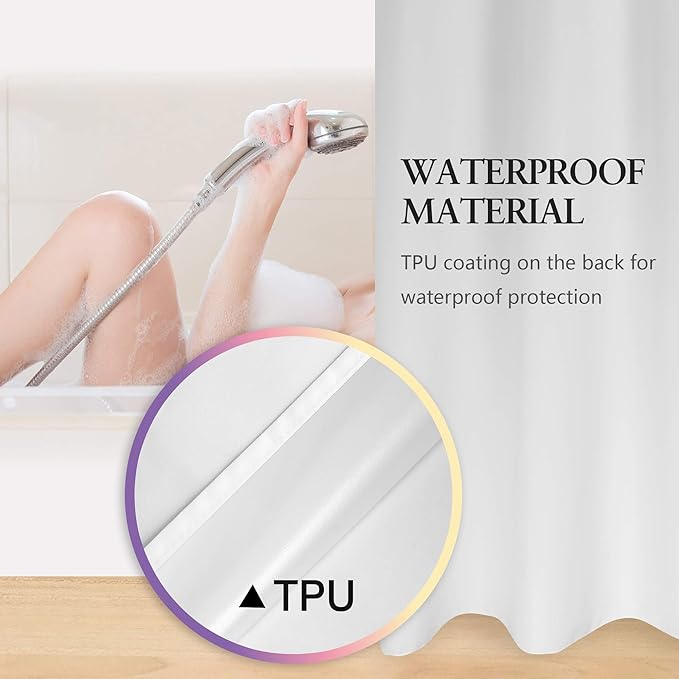 River Dream Fabric Shower Curtain No Hooks Needed - TPU Lining & No Liner Required, Hotel Shower Curtain for Bathroom with Built-in Hooks & Bottom Magnets, Waterproof, White, 71x74
