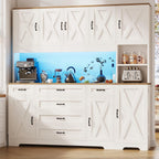 71" Farmhouse Pantry Cabinet with LED Lighting and Charging Station, Tall Storage Cabinet with 8 Doors, 6 Drawers & Adjustable Shelves, Coffee Bar Pantry for Kitchen Dining Room, White