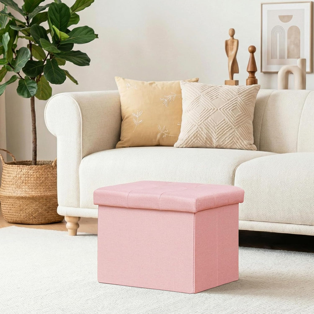 Folding Storage Ottoman, 16.5" Rectangular Footstool with Padded Tufted Lid, Collapsible Storage Footrest for Small Space, Living Room, Bedroom, Dorm, Pink