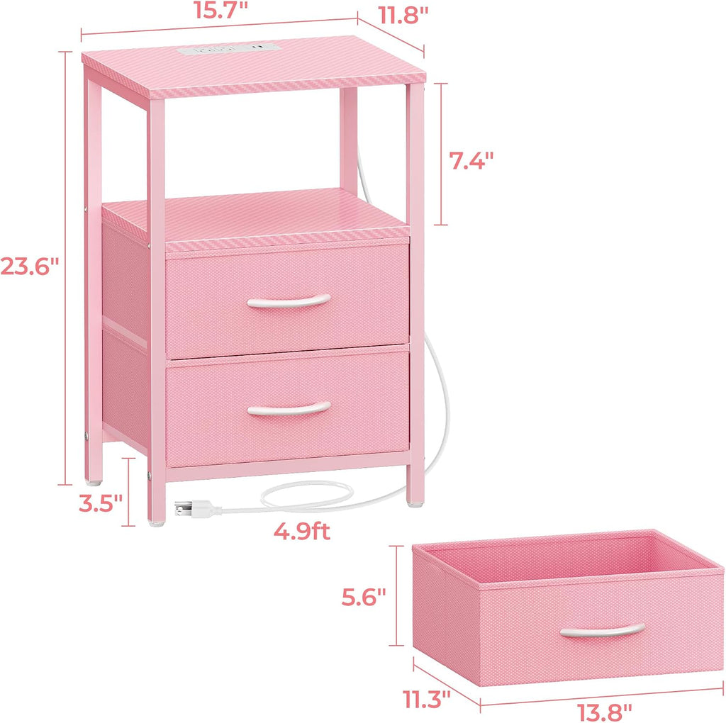 Huuger Nightstand with Charging Station, Side Table with Fabric Drawers, End Table with Open Shelf, Bedside Table with USB Ports and Outlets, Night Stand for Bedroom, Pink