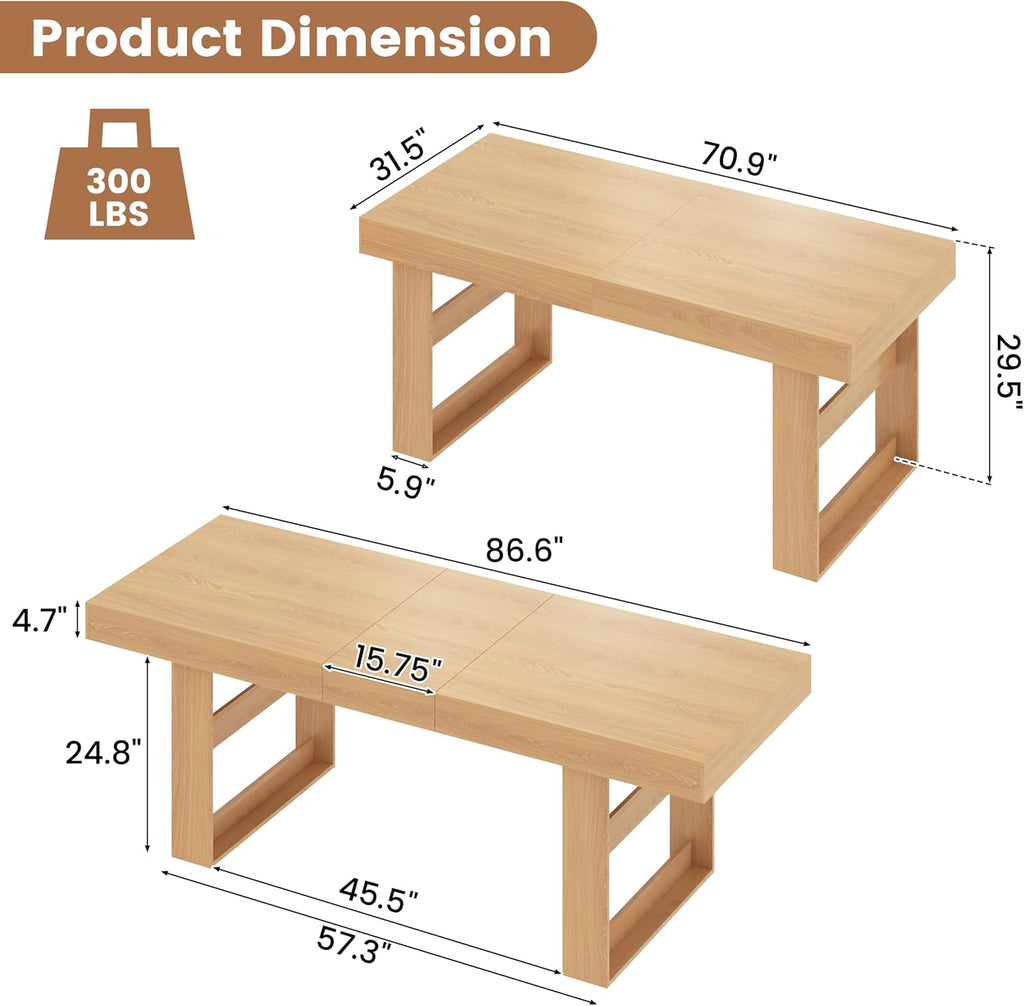 70.9" - 86.6" Extendable Dining Table for 8-10 Person, Modern Expandable Table with U-Shaped Wooden Legs, Dining Table for Dining Room, Kitchen, Living Room, Natural Oak