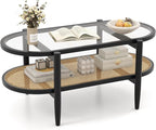 MAT EXPERT Rattan Coffee Table, 2 Tier Boho Oval Living Room Table w/Glass Tabletop Wood Frame & Storage Shelf, 40’’L Mid Century Modern Tea Table, Center Table for Living Room Home Office, Black
