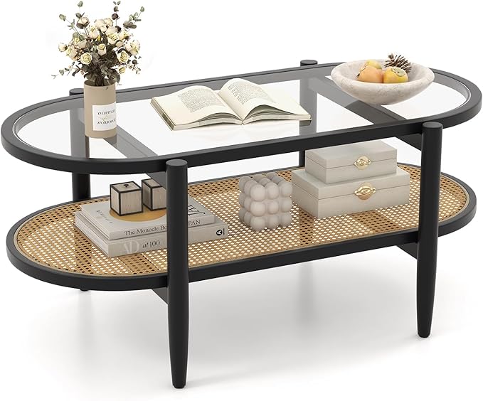 MAT EXPERT Rattan Coffee Table, 2 Tier Boho Oval Living Room Table w/Glass Tabletop Wood Frame & Storage Shelf, 40’’L Mid Century Modern Tea Table, Center Table for Living Room Home Office, Black