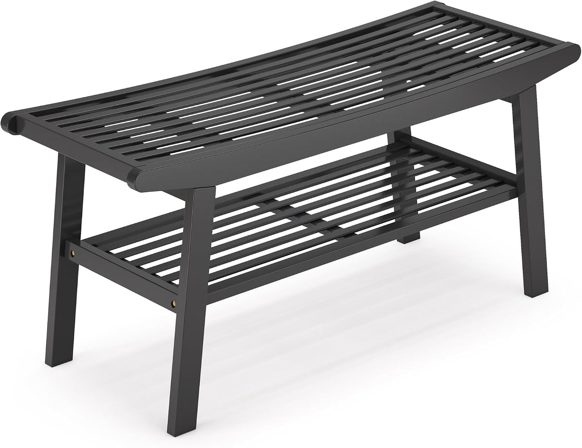 Bamboo Dining Bench Indoor Long Bench Sturdy & Comfortable Indoor Storage Bench Durable Slat Woven Design Modern Entryway Seating for Hallway (Black, 2 Tiers)