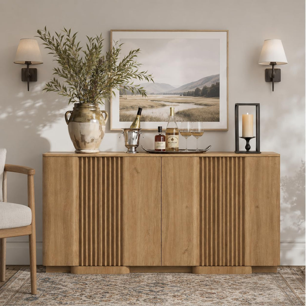Yechen Buffet Cabinet with Storage, 55" Accent Sideboard Modern Credenza with Doors & Adjustable Shelves Fluted Media Console Wood Coffee Bar Table for Living Kitchen Dining Room
