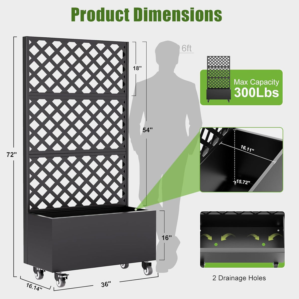 Metal Raised Garden Bed with Trellis and Wheels,72"x 36"x 16" Planter Box with Trellis Privacy Screen,Planter with Trellis and Drainage Holes for Climbing Plants,Vegetables & Vines,Outdoor Plants