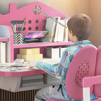 2-Piece Kids Adjustable Study Desk & Seat Set, Cartoon Print Widened Desktop with Storage Drawer Metal Frame for Homeschool Bedroom Playroom Pink