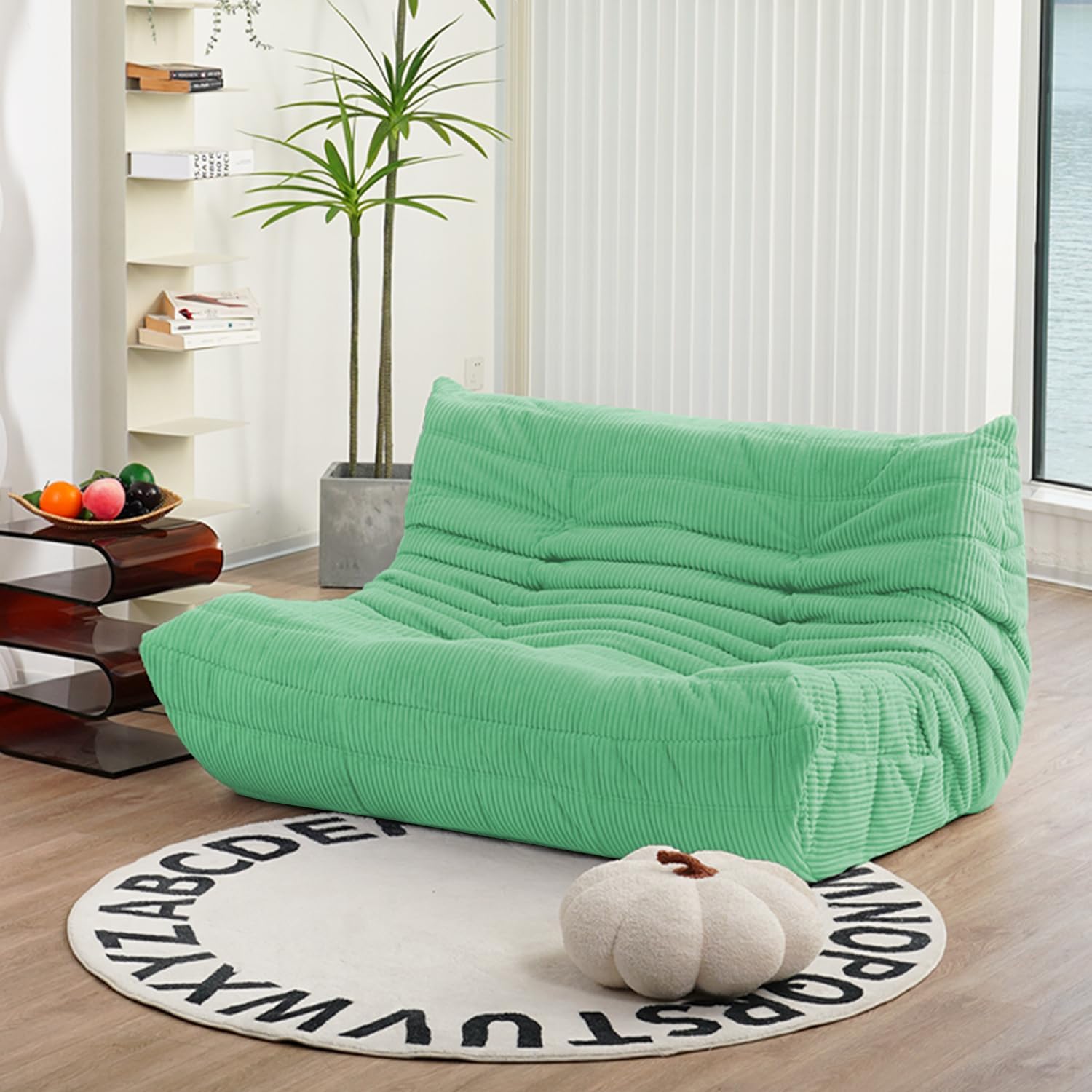 N&V Fireside Loveseat, Mid Century Armless Twin Size Floor Sofa, Soft Premium Corduroy Floor Lounge Chair, Foam Sofa Accent Chair for Living Room Bedroom and Office (Mint)
