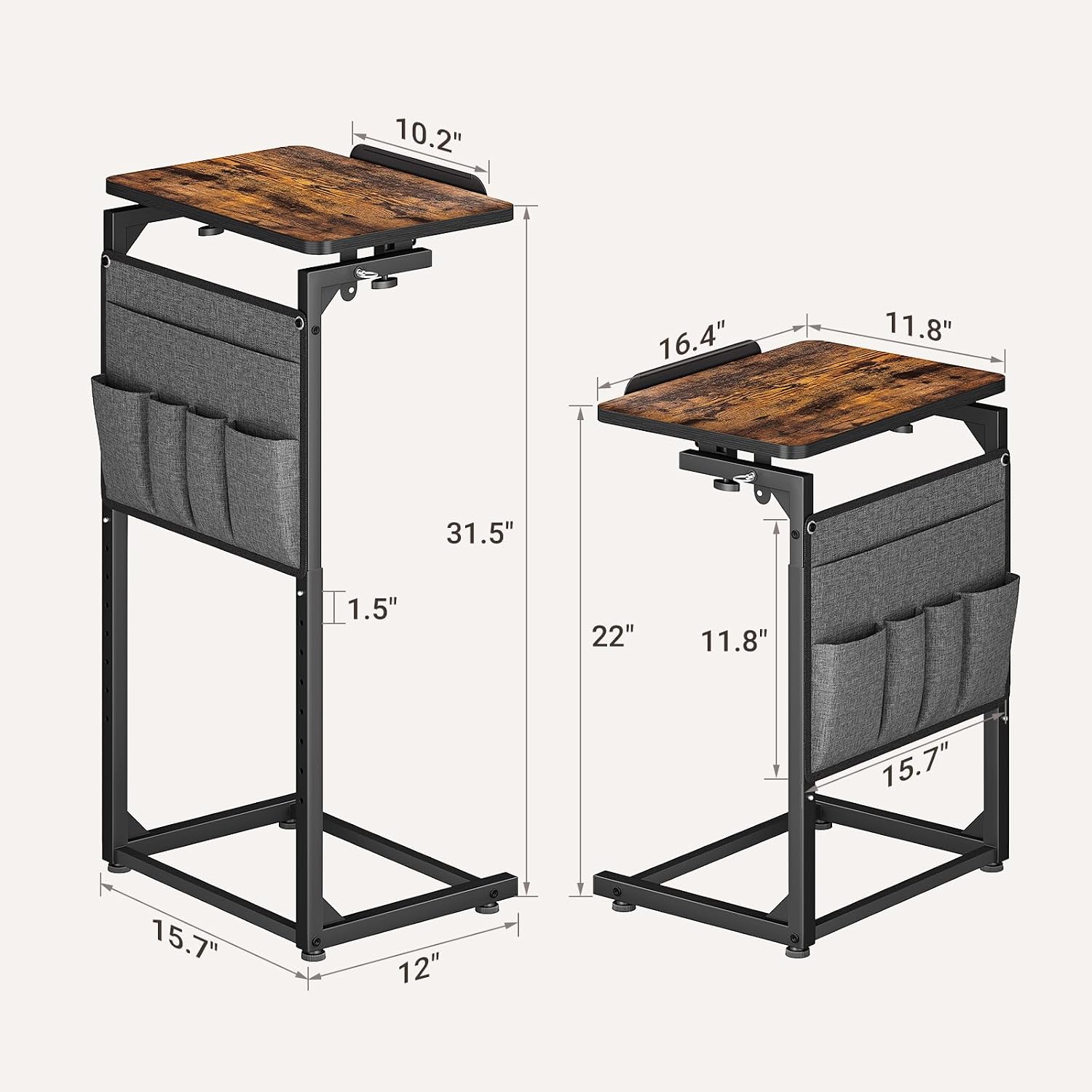 ELYKEN TV Tray Table Sets, Adjustable Height & 90° Tilt Narrow Side Table | C Shaped Foldable End Table with Phone & Tablet Slot, Laptop Desk for Couch, Recliner, Living Room, Bedroom