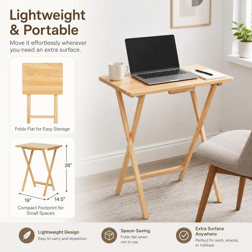 Folding Table L 19 x W 15 x H 26 inches TV Tray Half Portable Laptop Table for Indoor/Outdoor Events (Natural Set of 2)