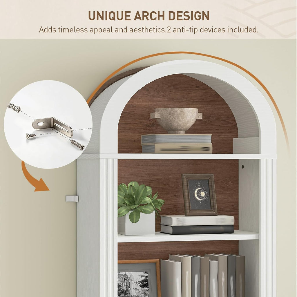 RALGEND Arched Bookshelf, 75.8" Tall Narrow Bookshelf, Arch Bookcase with Storage, 6-Tier Farmhouse Book Shelf, Wooden Arched Cabinet with Open Display Shelves, Adjustable Shelf, Walnut and White