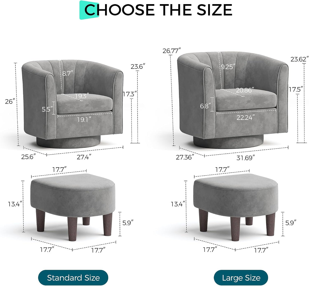 LINSY Large Swivel Accent Chair with Ottoman, Velvet Barrel Chair with Footrest, Modern Upholstered Comfy Reading Chair Armchair for Living Room, Bedroom, Study Room, Office, Grey