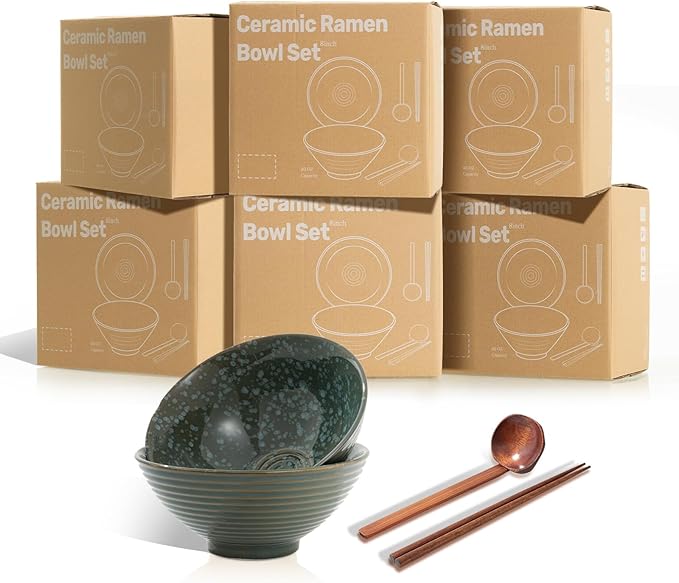 8 Inch Ceramic Ramen Bowl Set of 2, 40oz Japanese Bowls with Spoons & Chopsticks,Durable,Microwave & Dishwasher Safe,Perfect for Ramen,Pho,Salad,Soup,Noodles，Mixing bowls（Jade Green）