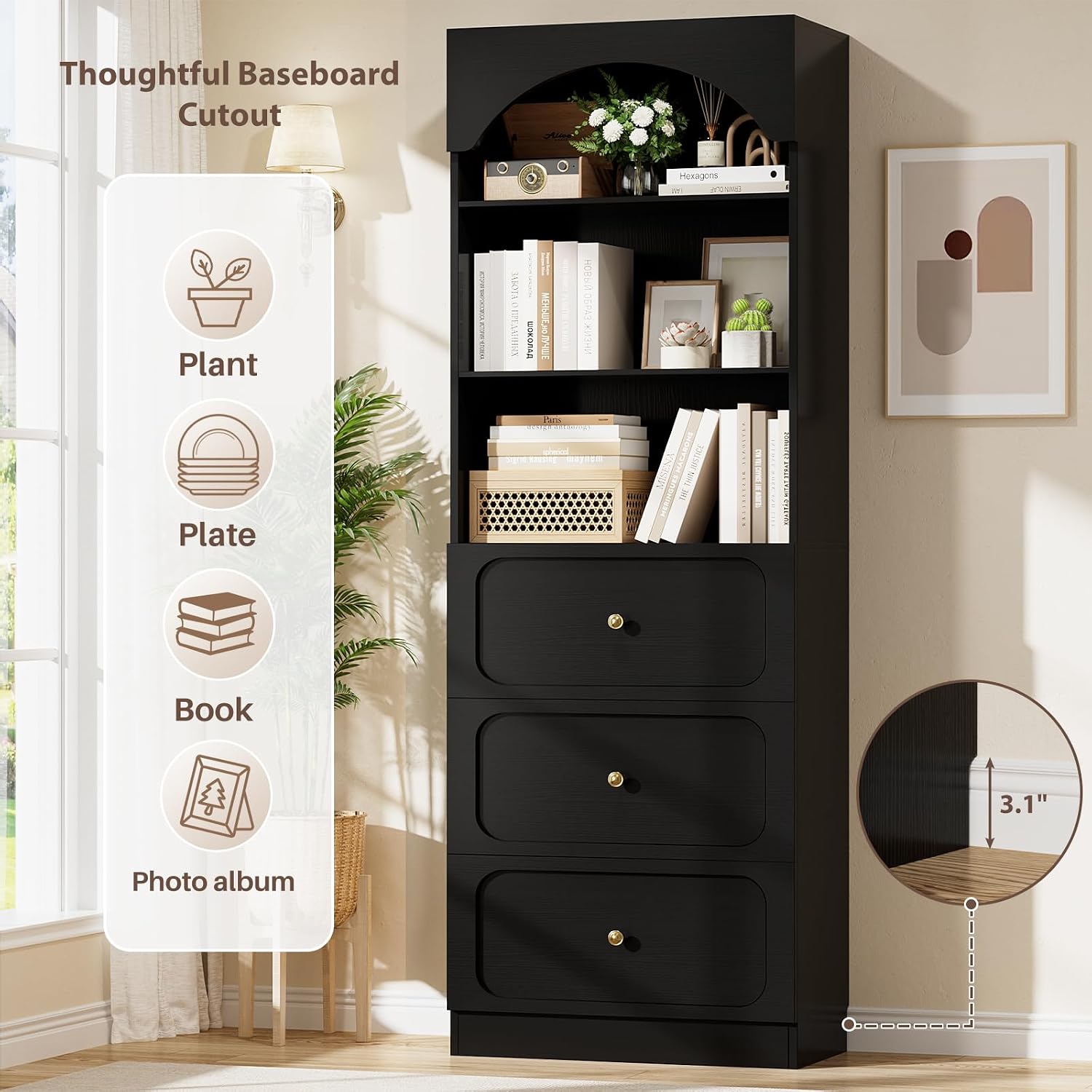 Cyclysio 80" Kitchen Pantry Cabinet with 6 Drawers, Wide Arched Kitchen Storage Cabinets with 6-Tier Open Shelves, Wood Floor Cupboard with Seamless Fit Wall for Living Room, Kitchen, Bathroom