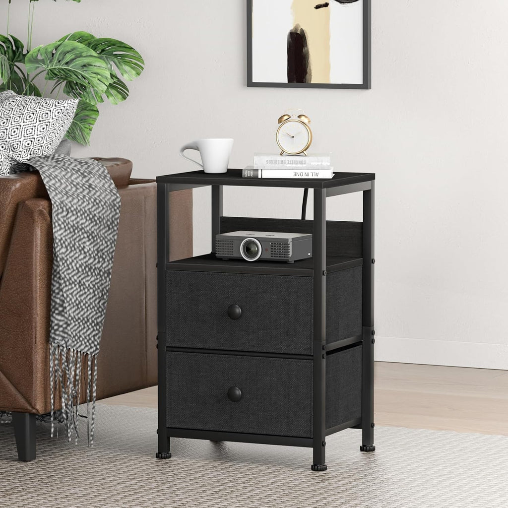 End Table with Charging Station & USB Ports, Rustic Nightstand with Fabric Drawers and Storage Shelf, Sofa Bed Side Table, Narrow Entryway Table for Bedroom Living Room, Black