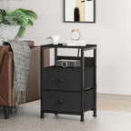 End Table with Charging Station & USB Ports, Rustic Nightstand with Fabric Drawers and Storage Shelf, Sofa Bed Side Table, Narrow Entryway Table for Bedroom Living Room, Black