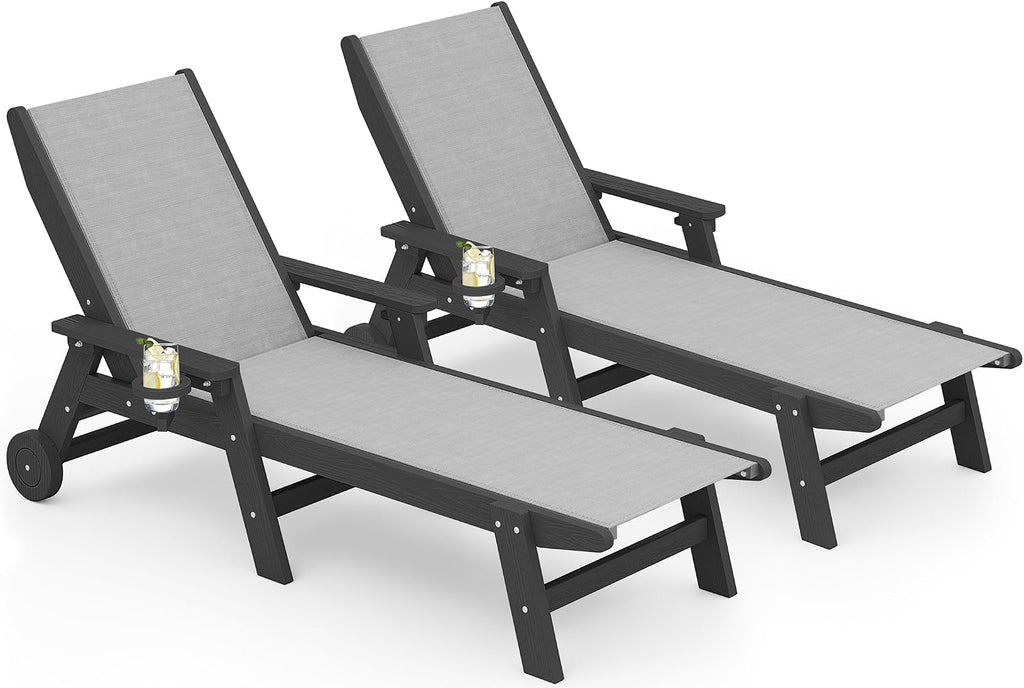 SERWALL Textilene Patio Chaise Lounge Chair Set of 2, HDPE Outdoor Lounger | with Rolling Wheels for Pool, Deck, Black