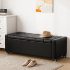 50” Ottoman Bench with Storage, Upholstered Faux Leather End of Bench for Bedroom, Load up to 660 lb, Fixed Base & Movable Swivel Wheels，Rectangular Tufted Entryway with Safety Hinge (Black)