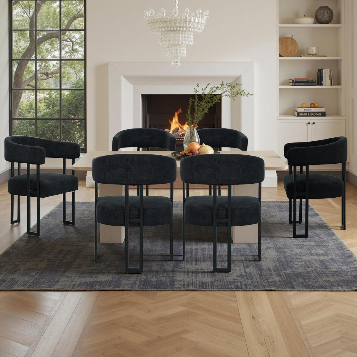 Dining Chairs Set of 2, Boucle Upholstered Kitchen Chairs with Metal Leg | Elevated Backrest Armchairs Mid Century Modern Barrel Chair for Living Room, Dining Room, Farmhouse, Coffee, Black