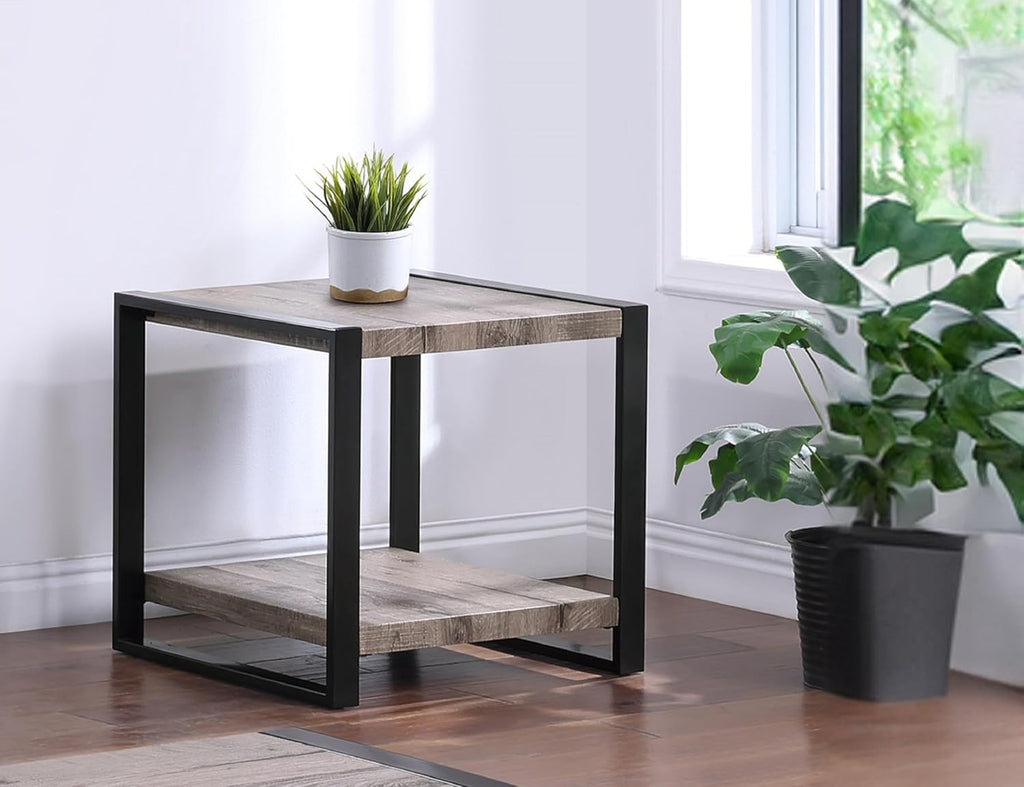 Brown/Gray Finish End Table, Small Side Table for Couch, Bedside Table for Small Space, Living Room, Easy Assembly, Wood 23.5"x23.5"x23.5"