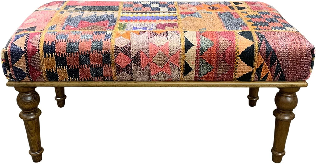 Rug Ottoman Bench, Upholstered Bench, Patchwork Bench, Bohemian Bench, Piano Bench, Entry Bench, Handmade Bench, Wood Bench, Bedroom Bench, Kitchen Bench, Dining Bench, Vintage Antique Bench