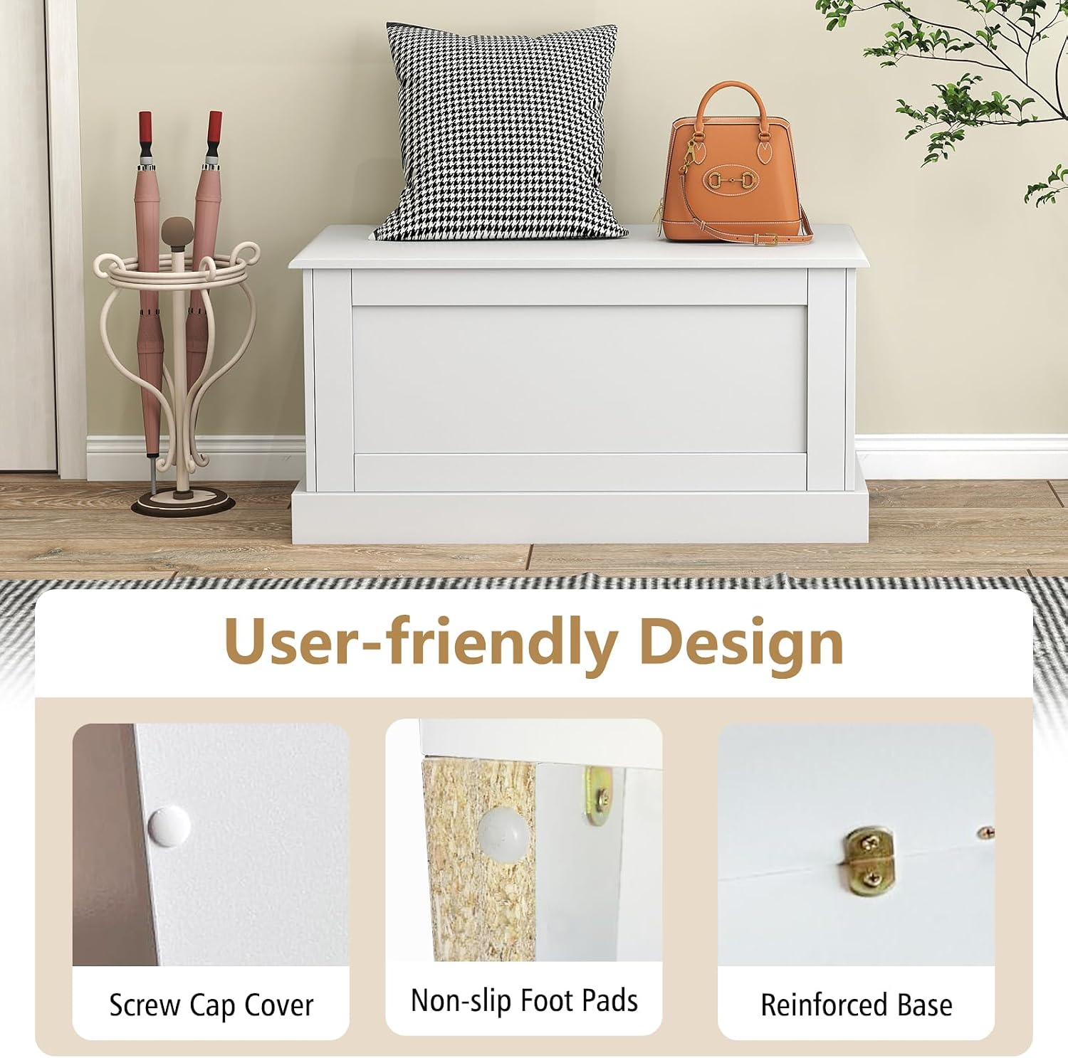 LOKO 35.5-inch Wooden Storage Bench, Lift Top Storage Box (White) | Large Storage Chest | Farmhouse Storage Trunk | Metal Hinges | Safety Hydraulic Strut | For Living Room, Bedroom, Entryway