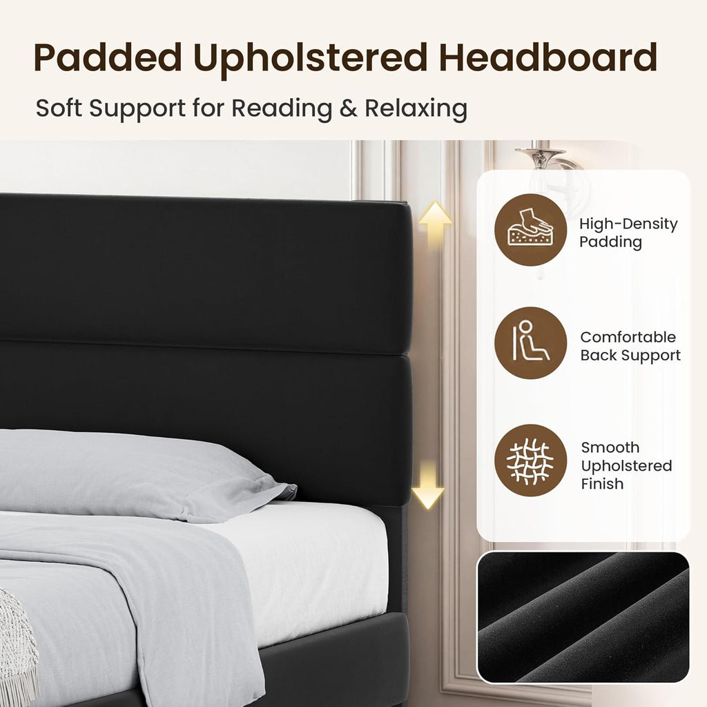 GRUSIGN King Size Platform Bed Frame with Velvet Headboard, Adjustable Height Wooden Slats Support, Upholstered Mattress Foundation, Fits Mattress or Mattress with Box Spring, Easy Assembly, Black