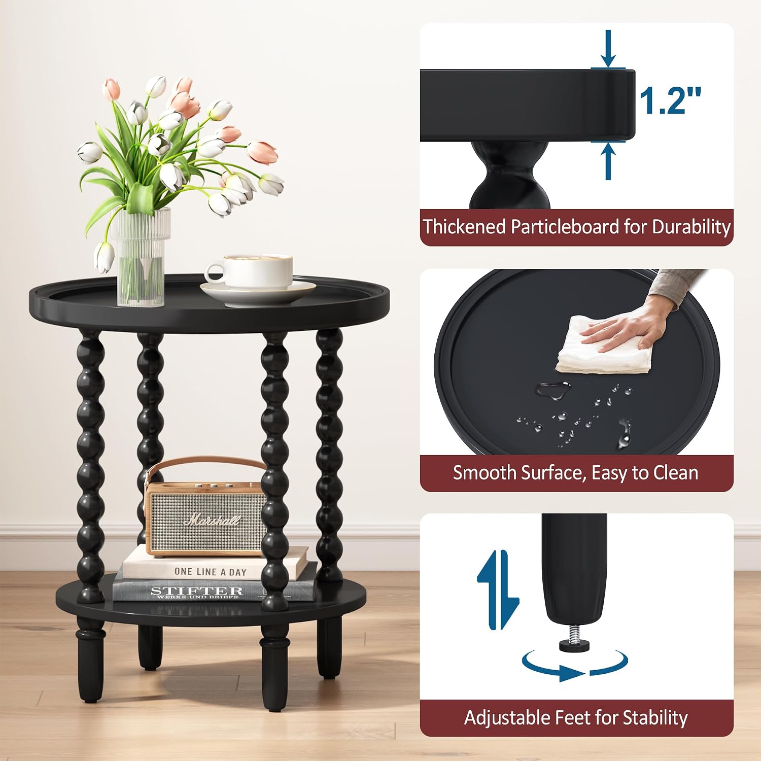 Gadroad Round End Table with Storage Shelf, Black 19.3 * 19.3 * 25.6 inches | 2 Tier Couch Side Table, Wood Coffee Table for Living Room, Bedroom