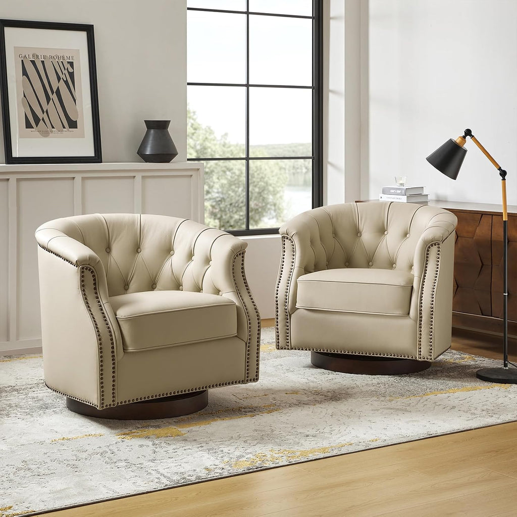 HULALA HOME Genuine Leather Swivel Rocker Chairs, Fully Assembled, Beige | Set of 2 Leather Swivel Accent Chairs, Traditional Chesterfield Barrel Chairs with Button-Tufted Design, for Living Room