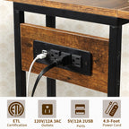 Hadulcet C Shaped End Table with Charging Station & Foldable Tabletop, Folding TV Tray Table with Storage, Laptop Table for Couch, C Table for Sofa, Living Room Bedroom Small Spaces, Rustic Brown