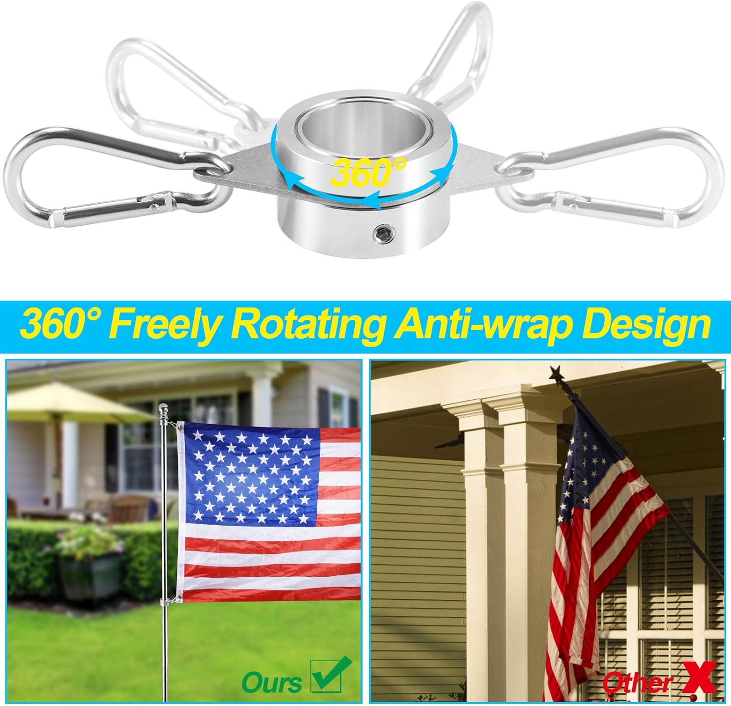 Flag Pole Rings, 1" Spinning Flagpole Ring Clips, 2 Pcs Aluminum Alloy & Steel 360° Rotating Anti Wrap Flag Mounting Rings with Snap Carabiners for 0.75-1.02 Inch Diamete Flagpole (Φ1, Silver)